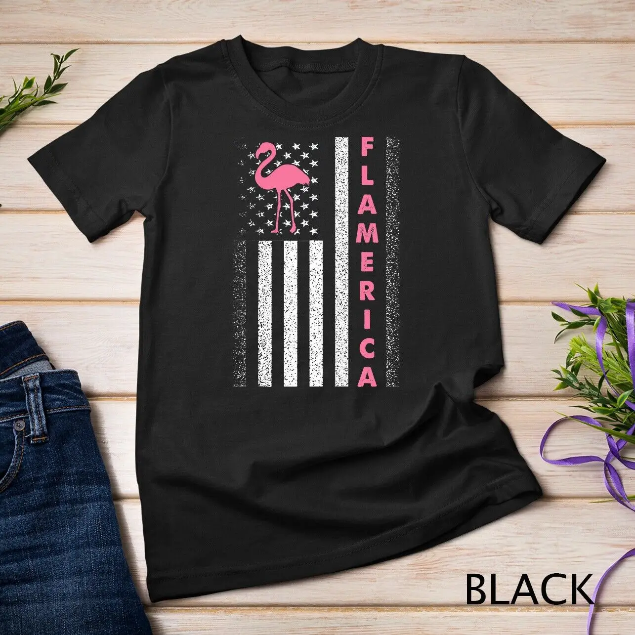 

USA Independence Day July 4th American Flag Pink Flamingo Unisex T-shirt