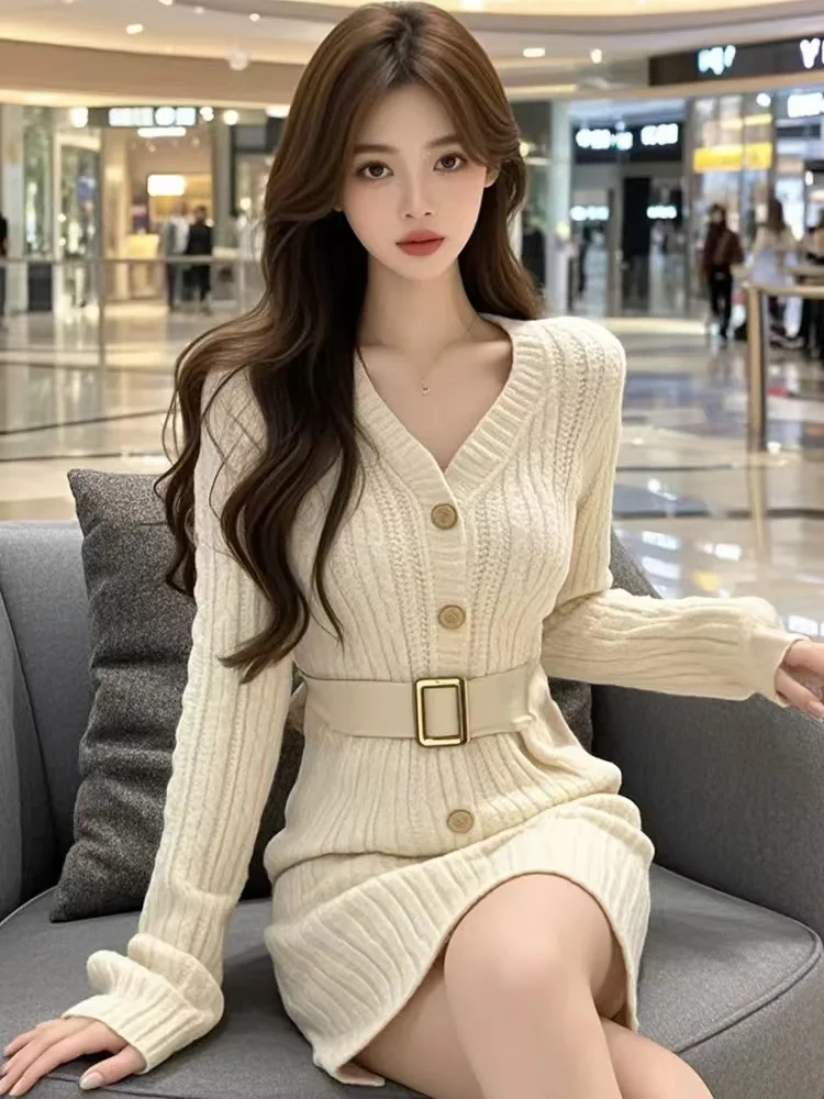 MiiiiX French Elegant V-neck Single-breasted Knitted Dress Waist Slim Sheath Casual Dress with Belt 2024 Women's Autumn Clothes