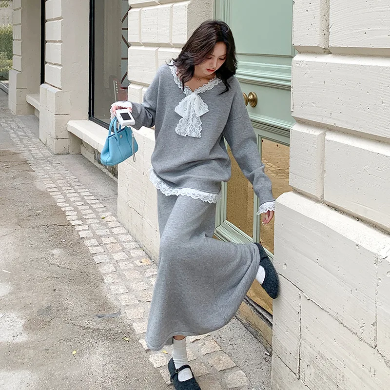 Bow lace edge loose knit pullover+casual half skirt Korean version lazy style women autumn winter elegant two-piece set