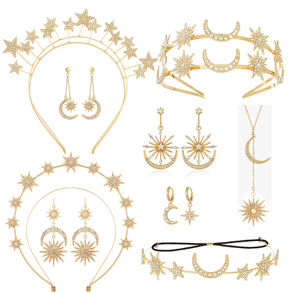 Bohemian Style Gold Halo Crowns Star Tiara Dangle Earrings Set Wedding Headband Goddess Headpiece for Cosplay Halloween