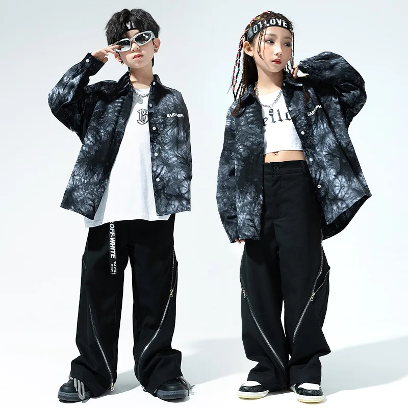 Kpop Jazz Dance Outfit Girls Boys Street Dance Performance Costume Tie Dye Shirt Cargo Pants Hip Hop Clothes Streetwear DL10978