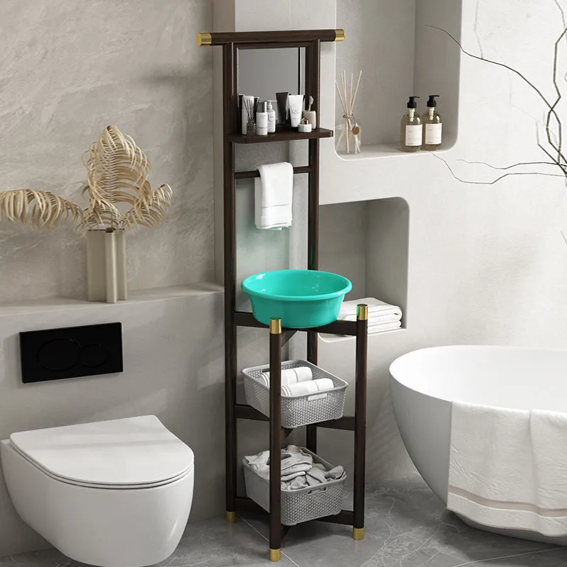 Washbasin Shelf Floor-to-ceiling Household Old-fashioned Simple Multifunctional Toilet Bathroom Washstand Shelf with Mirror