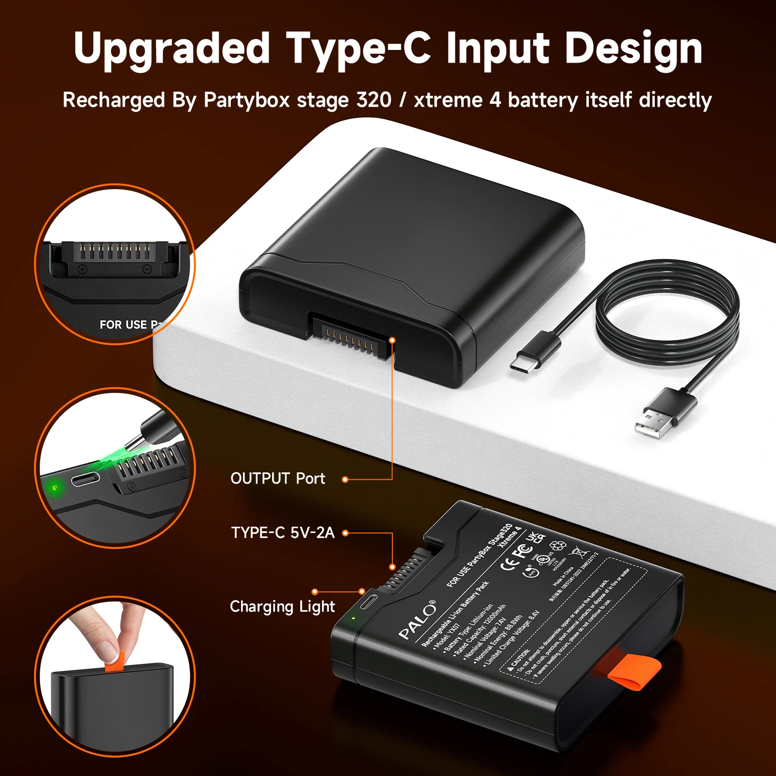 PALO 12000mAh High capacity For JBL Xtreme 4 Battery JBL PartyBox Stage 320 Spare Battery with TYPE-C input For Portable Speaker