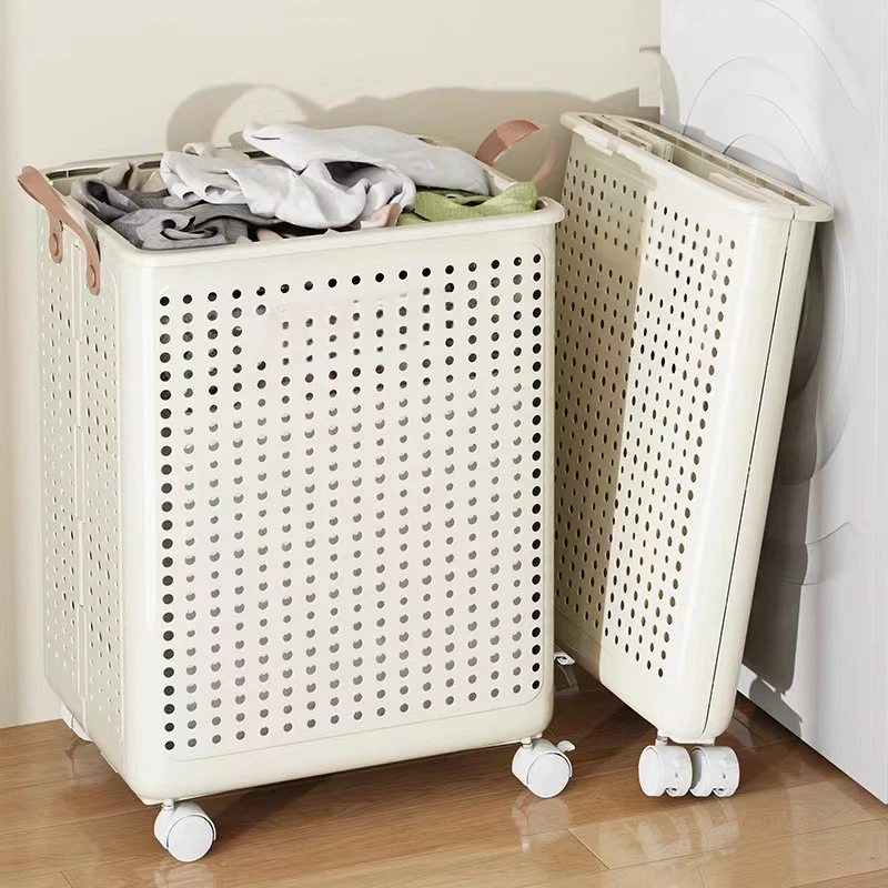 Plastic Dirty Clothes Basket With Wheel Foldable Household Dirty Clothes Storage Basket Large Capacity Laundry Basket