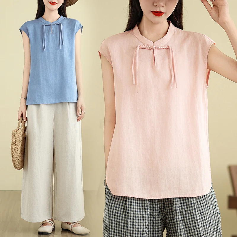 

Новая женская блузка из хлопка и льна в китайском стиле с воротником-стойкой, на пуговицах, с коротким рукавом, в стиле High-End, в национальном тренде, с маленькими рукавами-крылышками