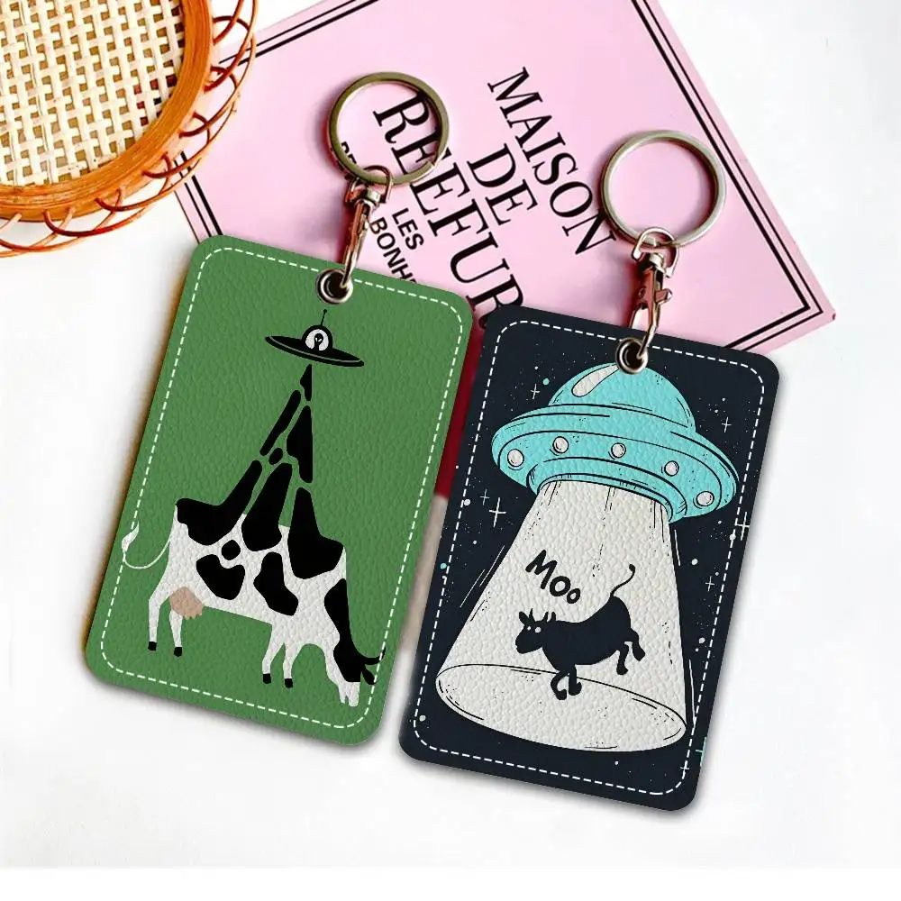 Cows Funny Art Rectangle ID Card Case Keychain Access Card Bag Key Tag Ring Leather Card Holder Key Ring Access