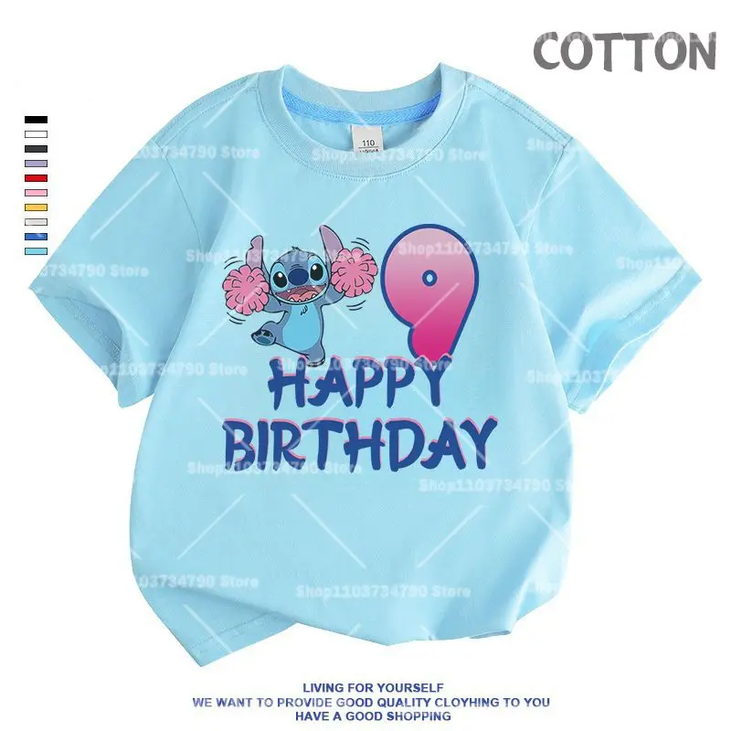 Blue Anime Lilo Stitch Children Birthday Number 1-14 T Shirt Tops Tee Kid Boy Girl lovely Casual Clothes Cartoons Kids T-shirts