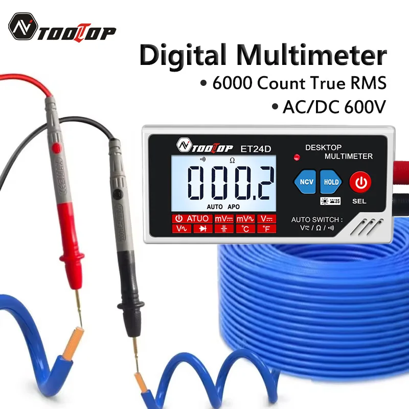 TOOLTOP ET24D Digital Desktop True RMS Multimeter Automatic Measurement AC/DC 600V Lithium Battery DIY Electrician Tools