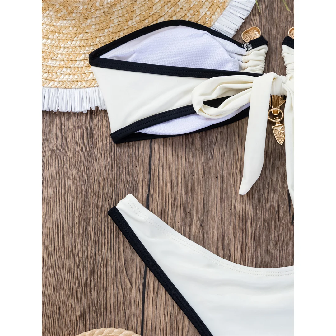 Bandeau-Splicing-Bikini mit Metallring, brasilianischer Bikini, Damen-Badebekleidung, zweiteiliger Bikini-Set, Badeanzug, Badebekleidung, Schwimmbikini V5651 – Detail 23