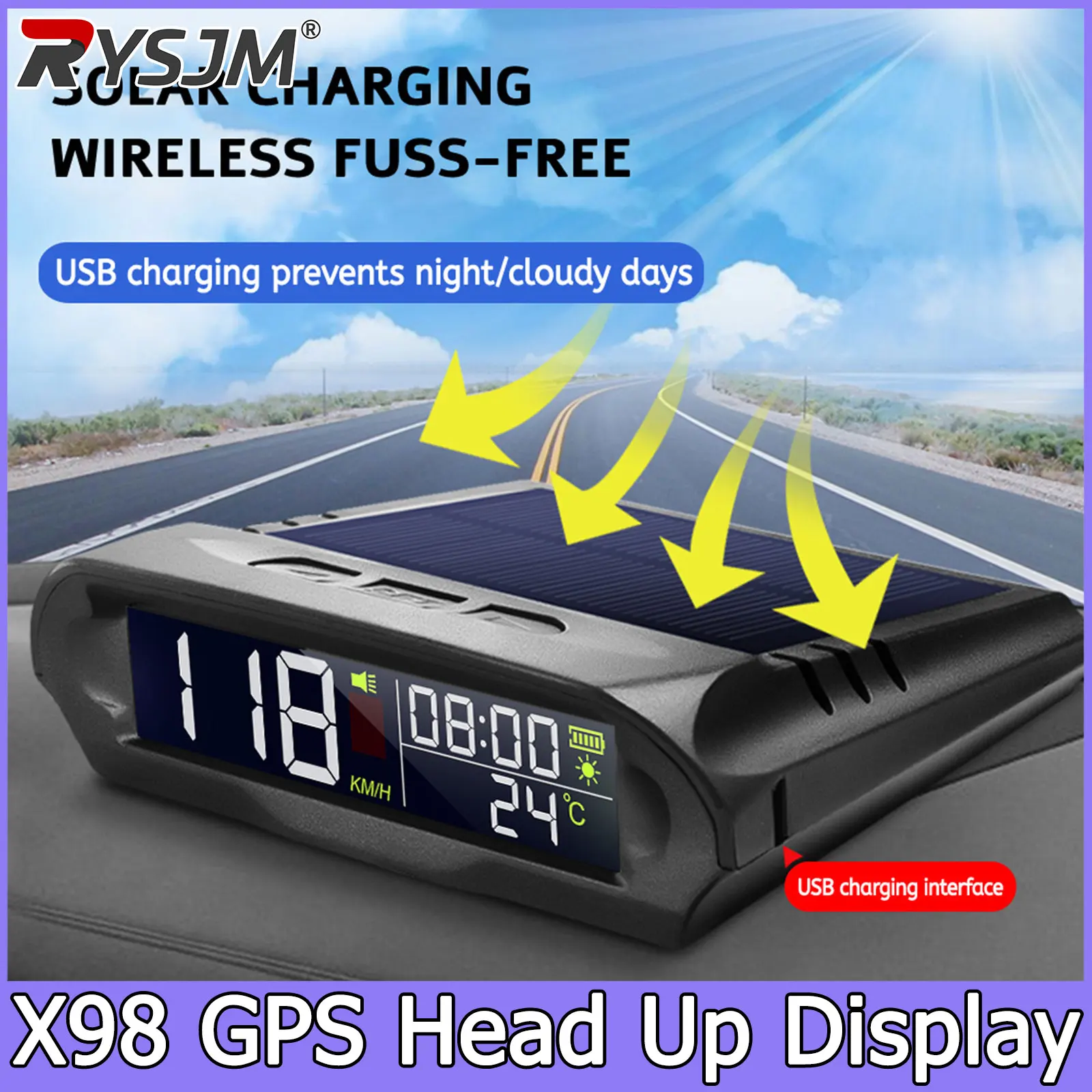 Universal HUD X98 Car Head Up Display Solar Charging Digital Meter GPS Speedometer Overspeed Alarm Distance Altitude Voltage