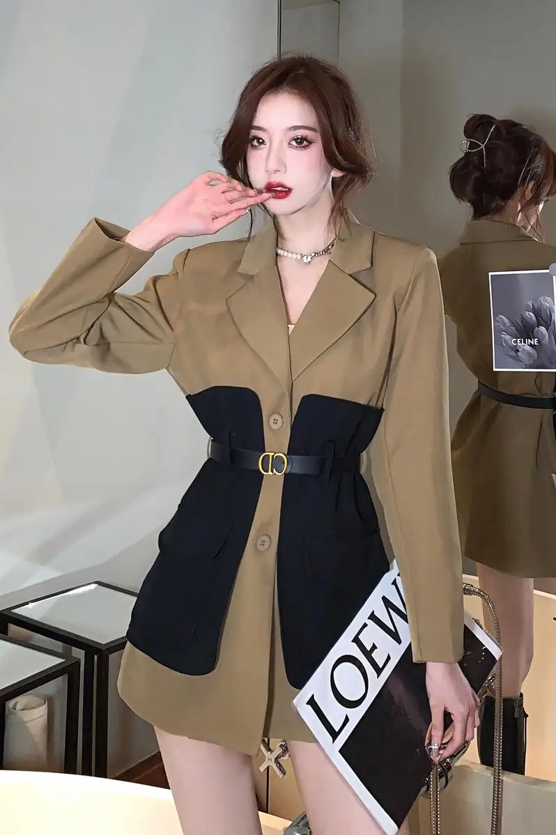 Temperament Suit Blazer Women Fall Winter 2022 New Notched  Belt Waist Long Sleeve Slim Patchwork Elegant Office Suit Jacket