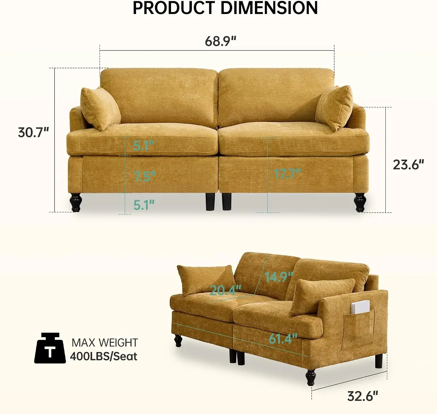 68.9” Loveseat Sofa Couch, Modern Comfy 2 Seat Chenille Couches, Spring Cushions & Solid Wood Frame, Small Couch with LED Light/