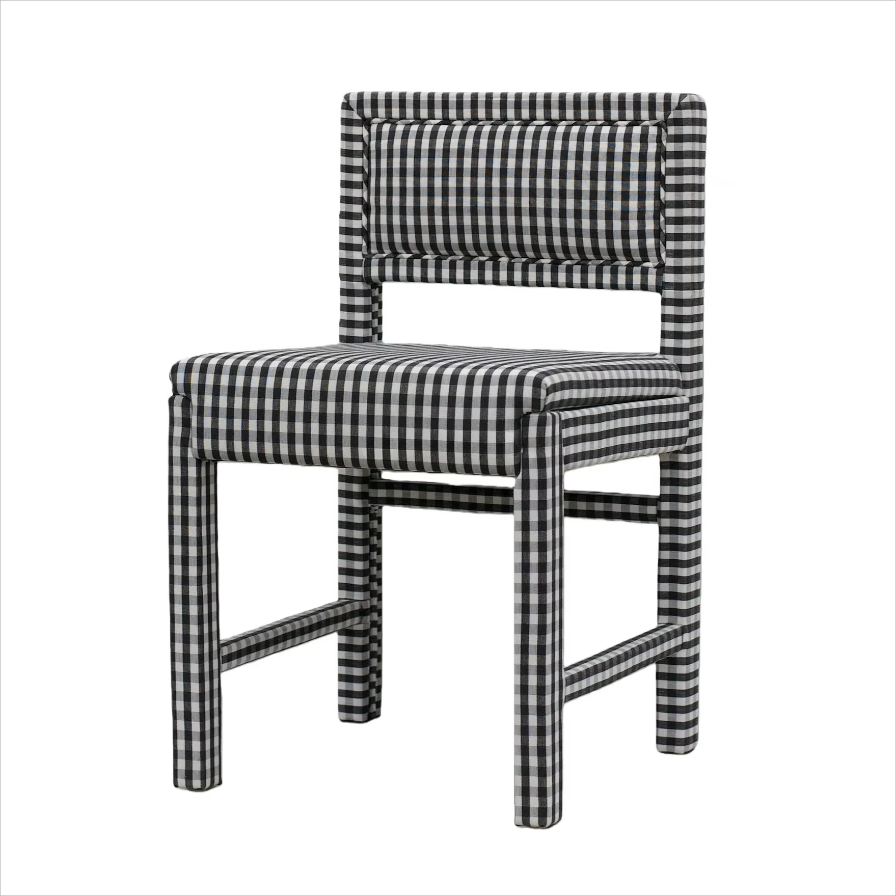 #Modern Stylish Black and White Gingham Checkered Pattern Fabric Desk Vanity Side Chair Wooden Dining Chairs for Dining Table