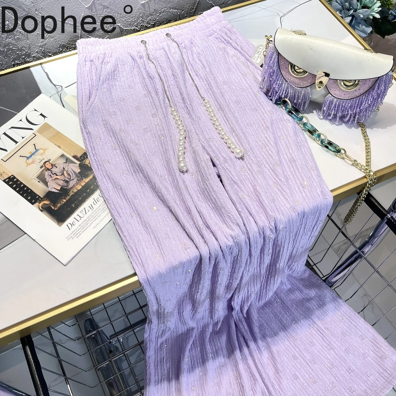

Pearl Pendant Drawstring Mopping Floor Trousers All-match Shiny Hot Drilling Thin Trousers Summer Women Wide Leg Straight Pants