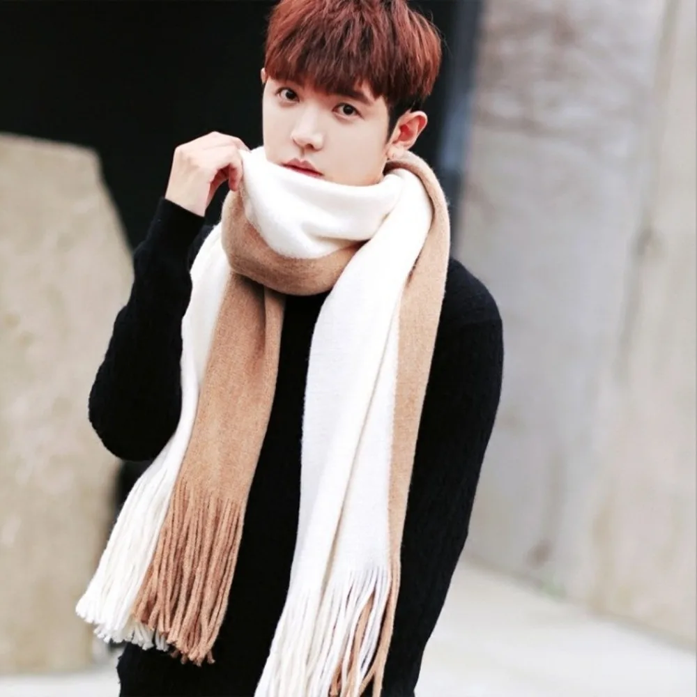 

Korean Style Women Cashmere Scarf Windproof Splicing Color Long Wool Tassel Scarf Thickened Warm Winter Neckerchief Autumn