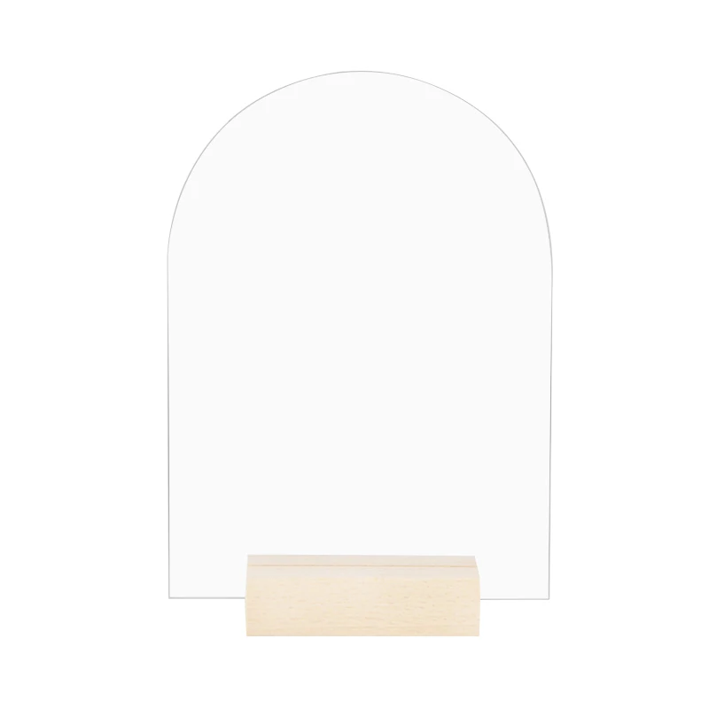 Tarjeta de mesa en forma de arco de acrílico transparente, placa de número de mesa de boda, tarjeta de banquete, placa de asiento de Base de madera