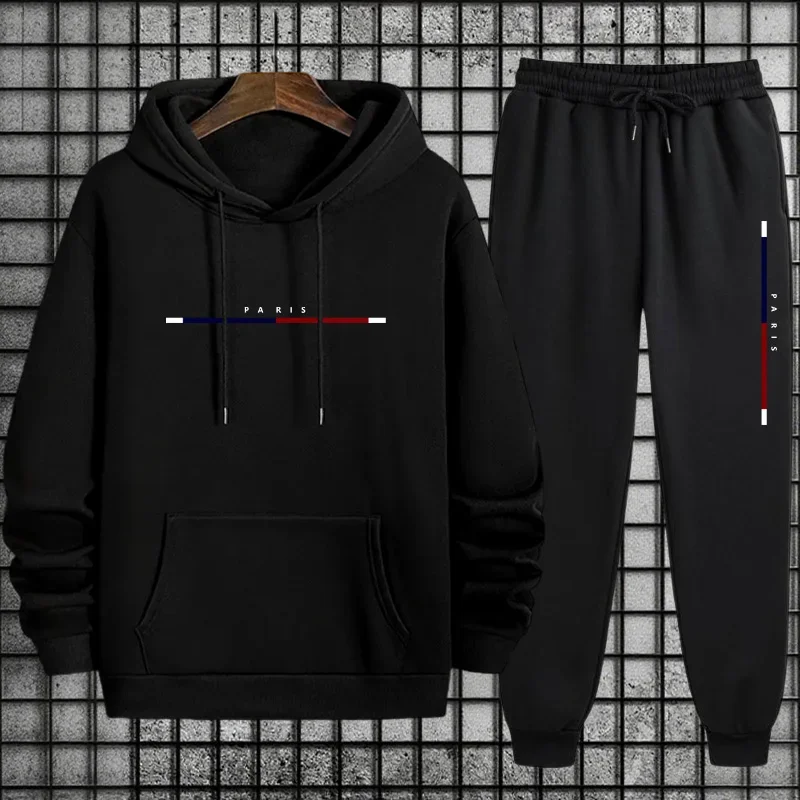 Paris Print Men's Lounge Tracksuit Set Cozy Hoodie and Soft Sweatpants for Home Relaxing Autumn Winter Casual Fashion Sportswear