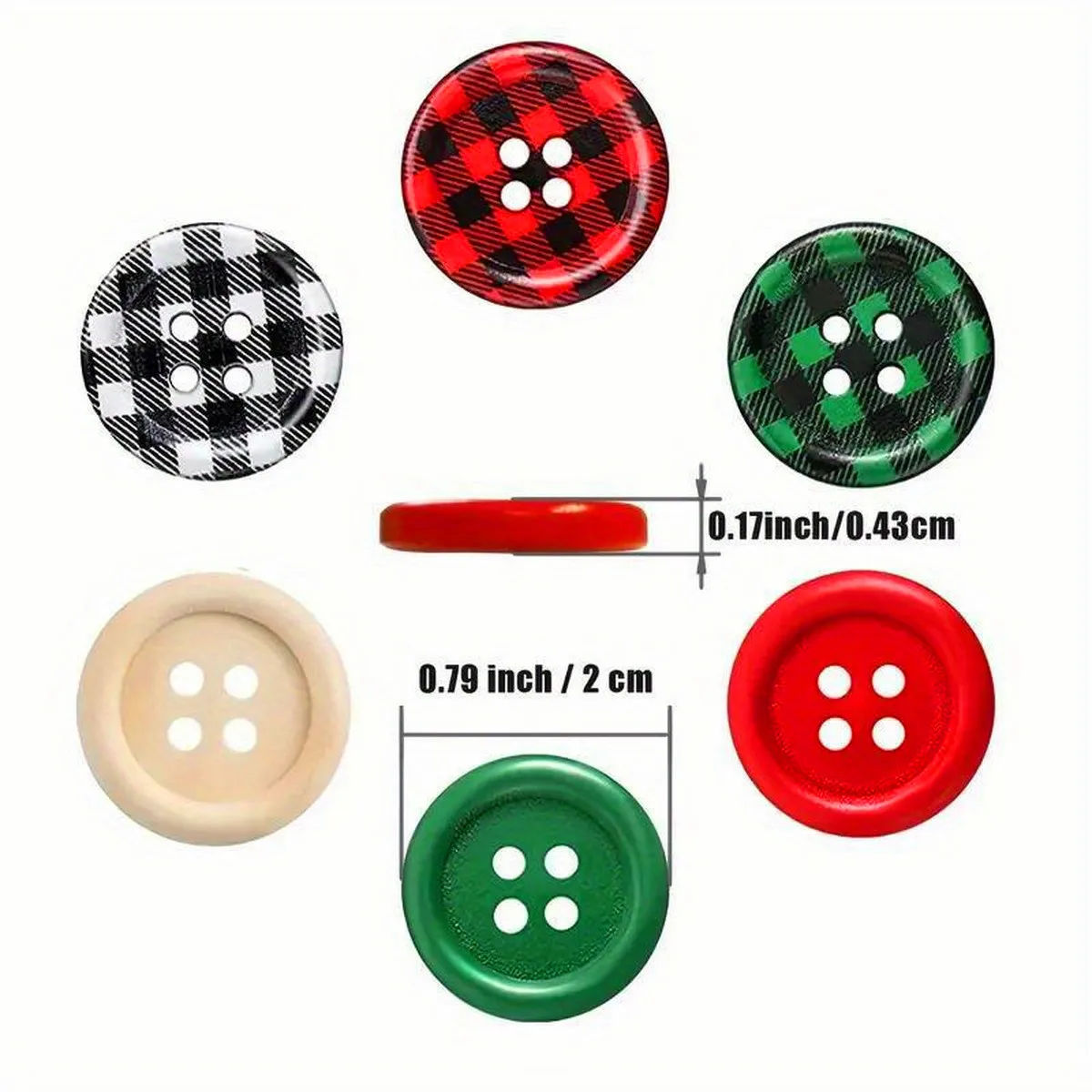 60 pieces, Christmas wooden buttons, 6 colors, 0.79 inches, plaid wooden buttons, 4 holes, black and red wooden buttons, plaid c