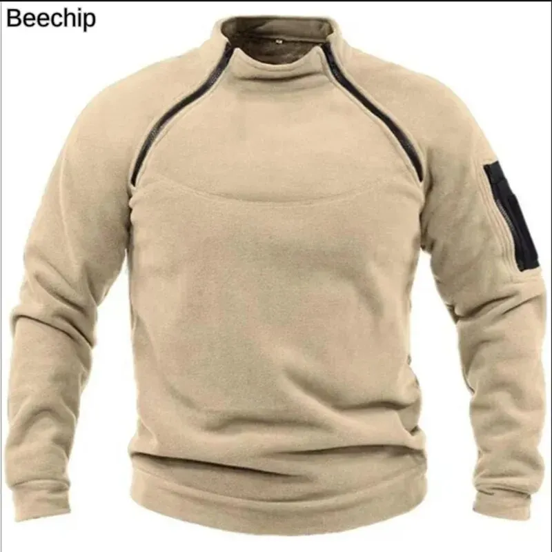 Men\'s Outdoor Warm And Breathable Tactical With Zipper Design, Standing Neck, Long Sleeves, Thickened Solid Color Sweater