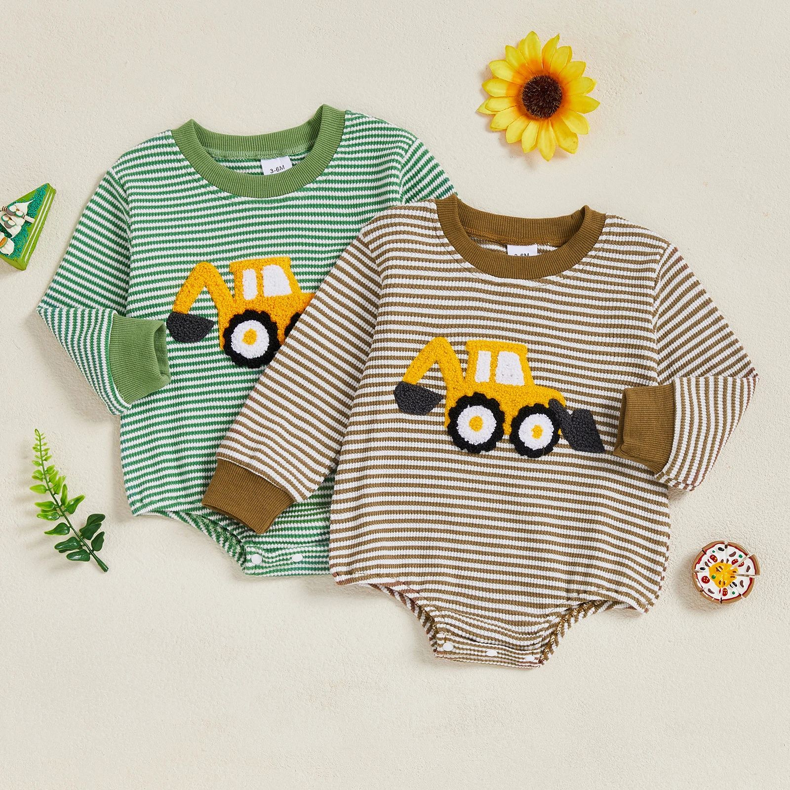 

2025-06-11 Lioraitiin Baby Boy Fall Sweatshirt Romper Casual Digger Embroidery Striped Long Sleeve Jumpsuit Infant Cute Outfit