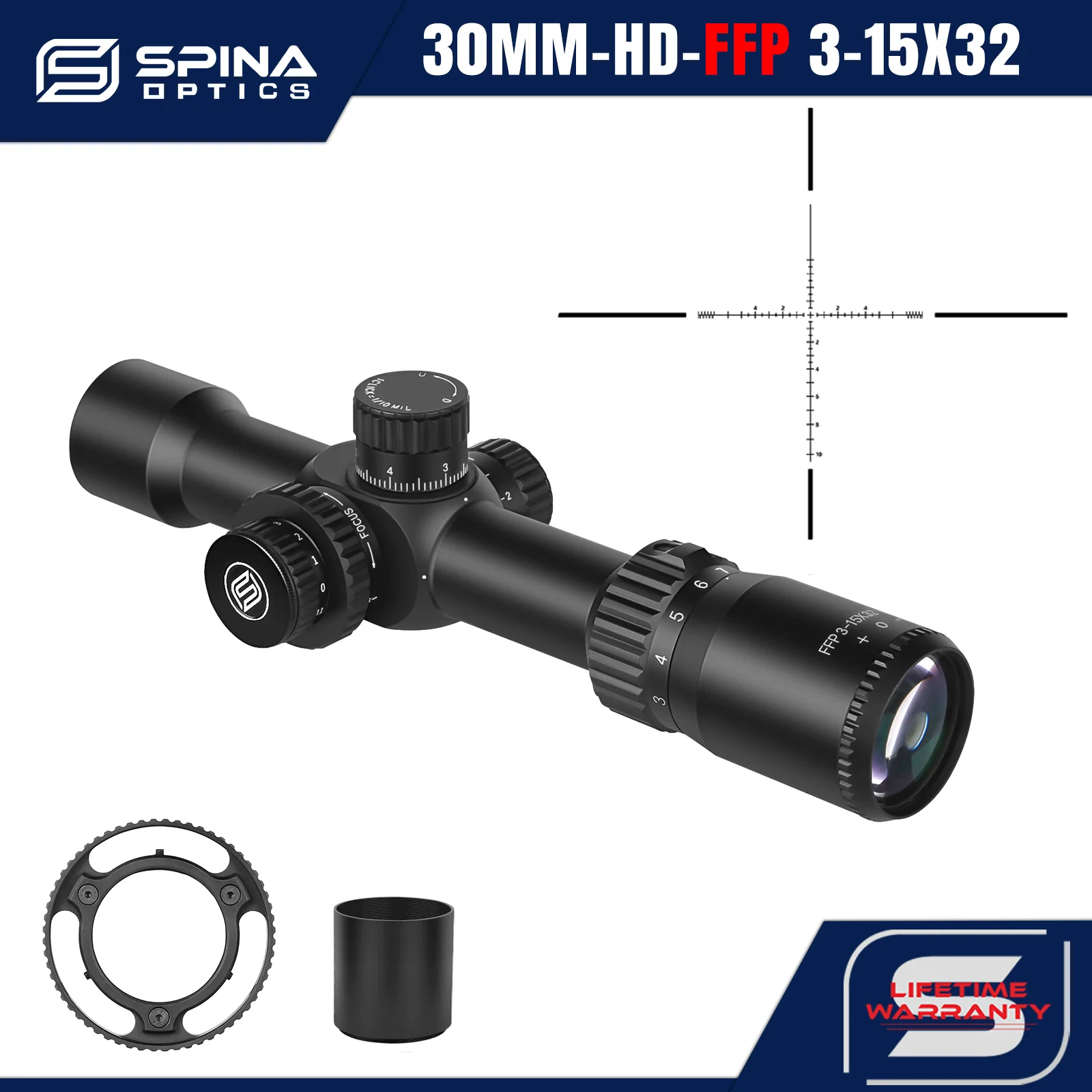 Mira Compacta SPINA OPTICS FalconPoint HD 3-15x32 FFP, Primer Plano Focal, Tubo 30mm, Paralaje 5 Yardas al Infinito, para plataformas compactas