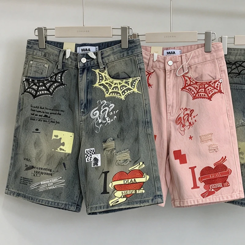 New Arrival Duaa Ripped Jeans High Street Men's Women's Casual Fashionable Fully Printed DUAA Denim Shorts