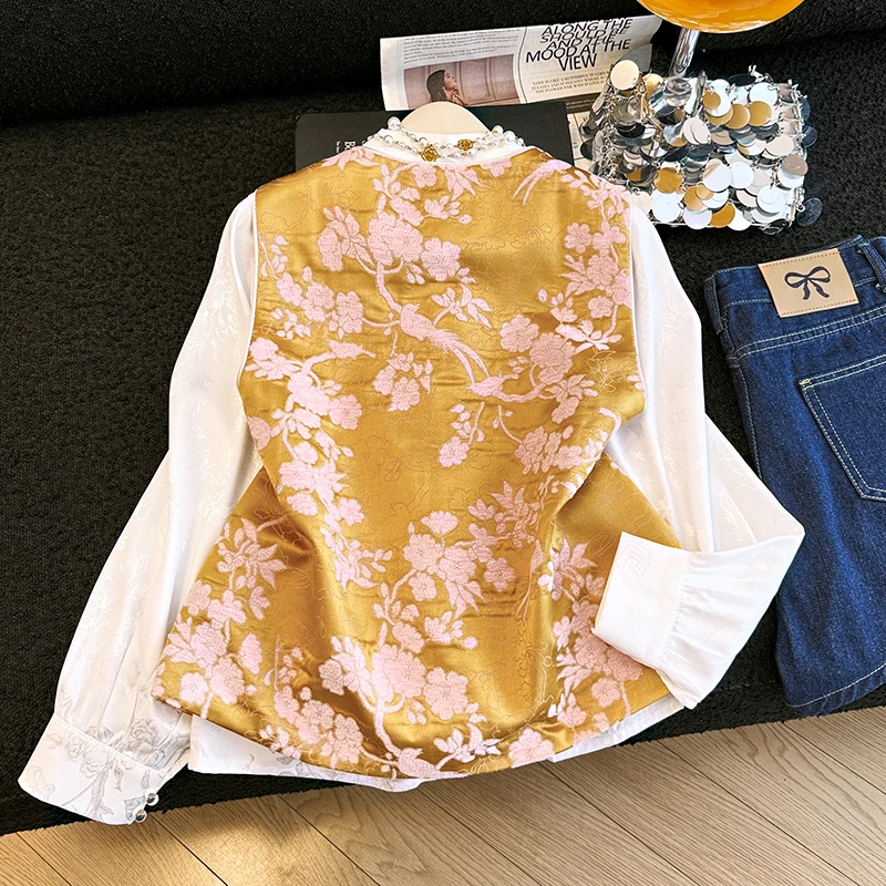 New Chinese Style Eastern Ancient Rhythm Autumn Silk Embroidered Jacket Vest Floral Patterned Decorative Buttons Women's Slim...