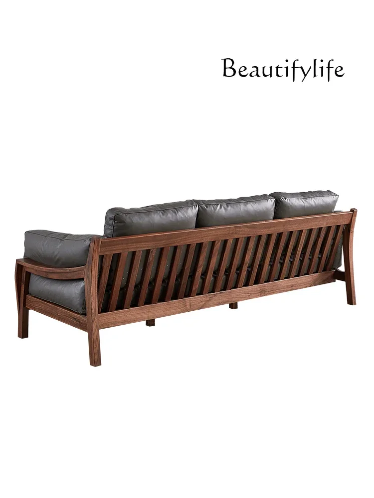 

Black Walnut Solid Wood Sofa Small Apartment Nordic Style Modern Minimalist Living Room Genuine Leather