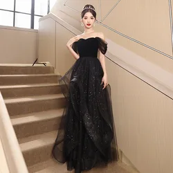 Classic Black Evening Dress Elegant Off  Shoulder Sequins Birthday Party Gown Fashion A-Line Floor-Length Graduation Dresses