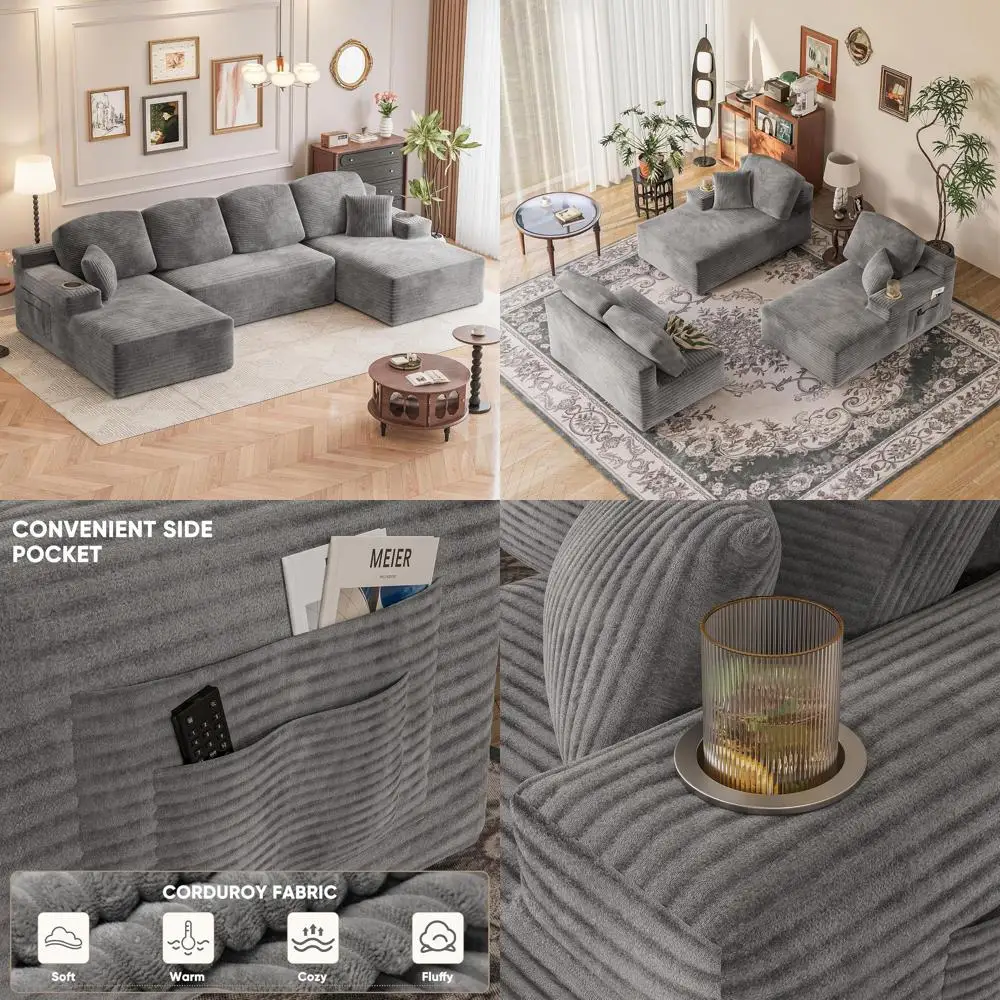 

U-Shaped Memory Foam Sectional Sofa, Corduroy Cover, No Assembly, Grey