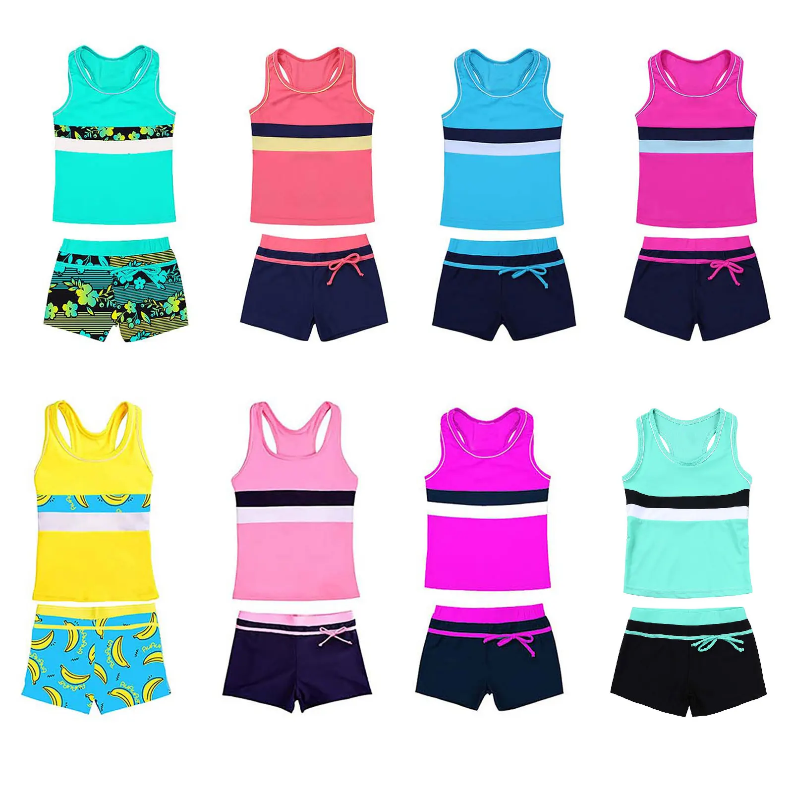 Kids Girls Two Piece Tankini Swimsuit Swim Tops with Boyshort Children Bathing Suit Swim Outfits Rash Guard Swimwear Beachwear