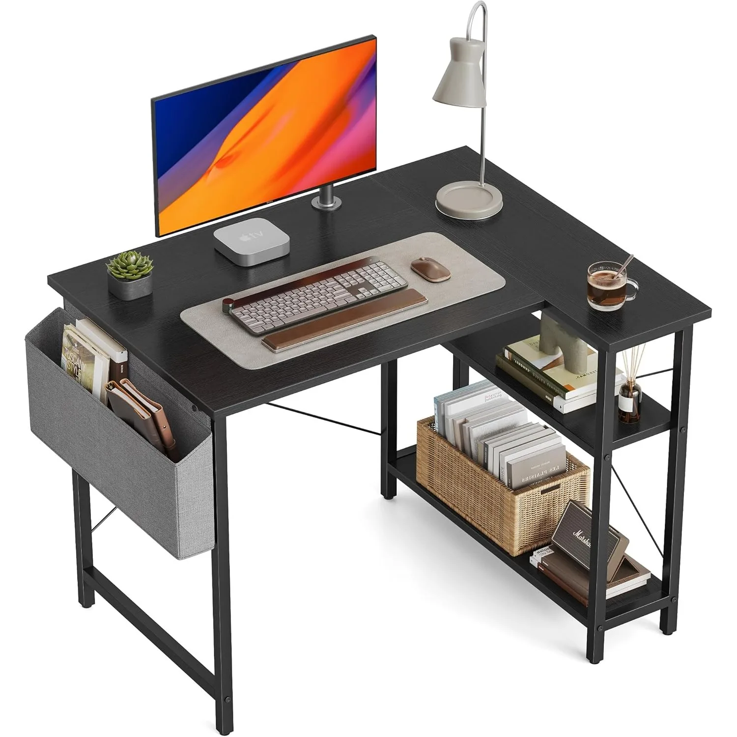 

L Shaped Desk, 40 Inch Computer Desk with Reversible Storage Shelves Home Office Corner Desk Study Writing Table, Black
