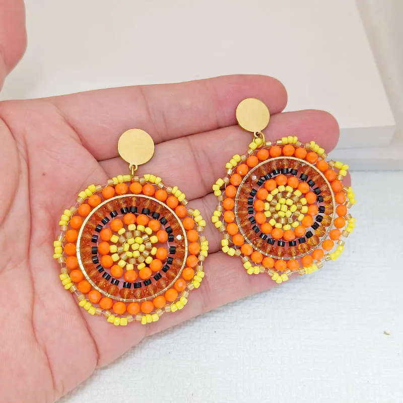 Rice bead earrings Sunflower Creativity Bohemia Gradient color Hand textile Alloy Female Crystal Fashion Simple Beaded earrings