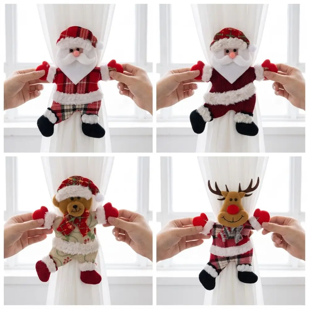 Santa Claus Christmas Curtain Tiebacks Bear Deer Xmas Curtain Buckle Plush Doll Cartoon Design Curtain Holdbacks Home Decoration