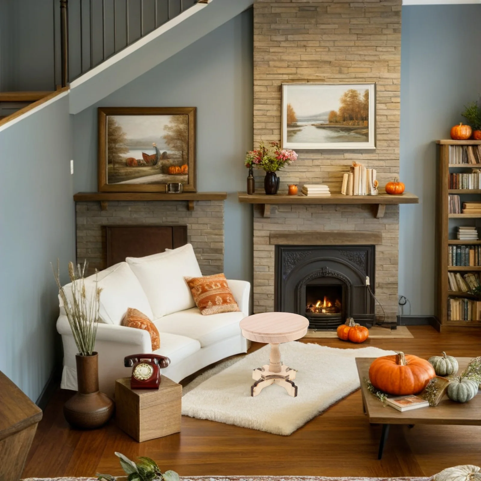 Móveis em miniatura para casa de bonecas, 2 peças, madeira natural, escala 1:12, mesa de centro redonda, mesa de chá, acessório para sala de estar, móveis minúsculos