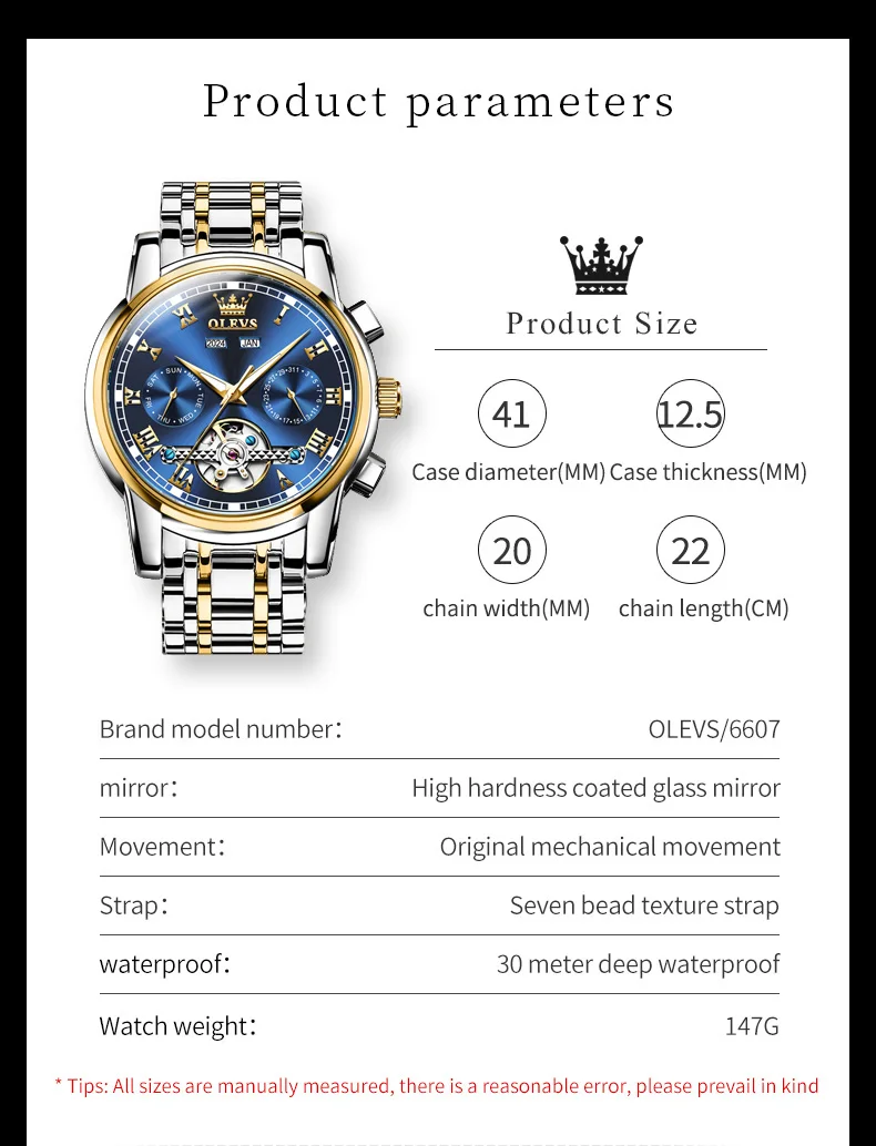 OLEVS 6607 Classic Men\'s Watch Tourbillon Design Date Year Stainless steel Waterproof Man Wristwatch