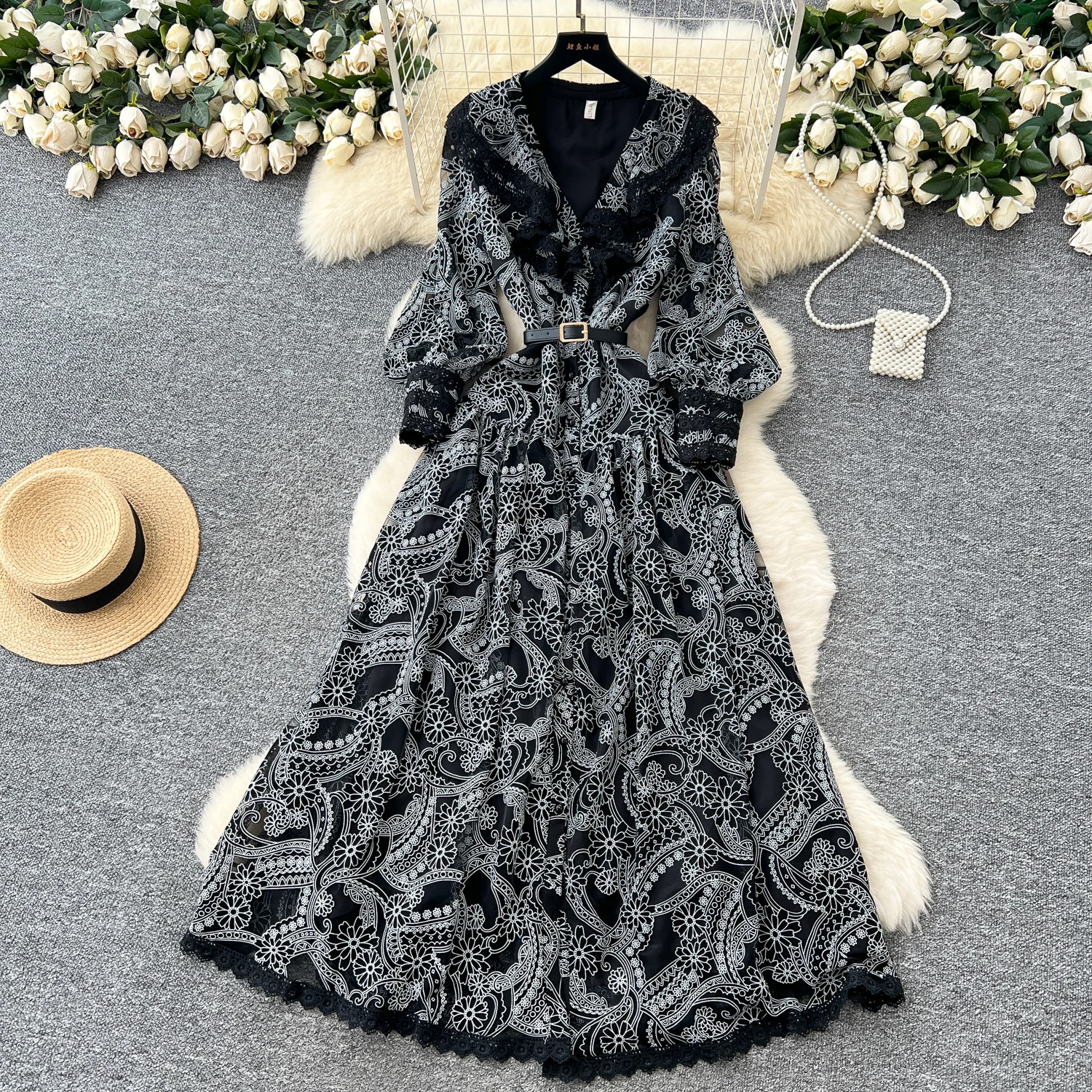 Luz de luxo estilo francês lanterna mangas vestido feminino outono tule recorte crochê plissado design sentido retro longo vestido de noite