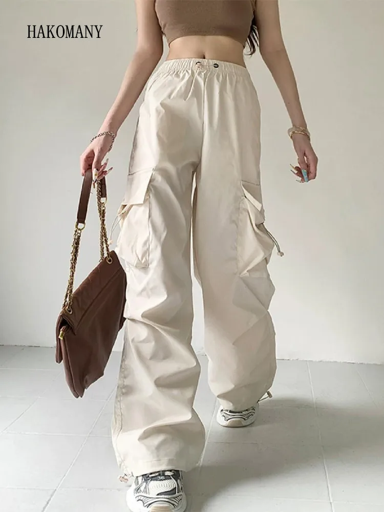 2023 Woman Street Loose Long Unisex Wide Leg Trousers American Retro Drawstring Elastic Waist Side Pockets Cargo Safari Pants