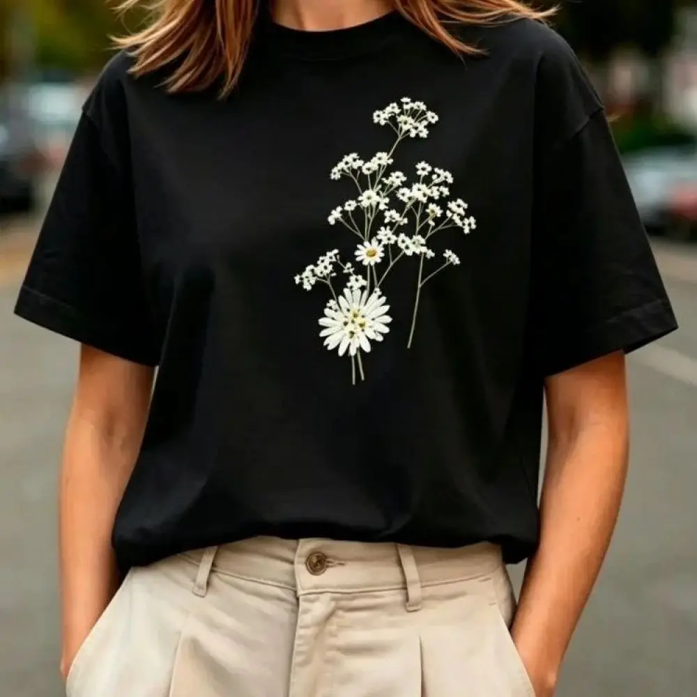 Casual Cotton Short Sleeve Tee Women White Daisy Printed Loose Fit Round Neck Soft Summer Breathable Basic Fashion Shirt Top