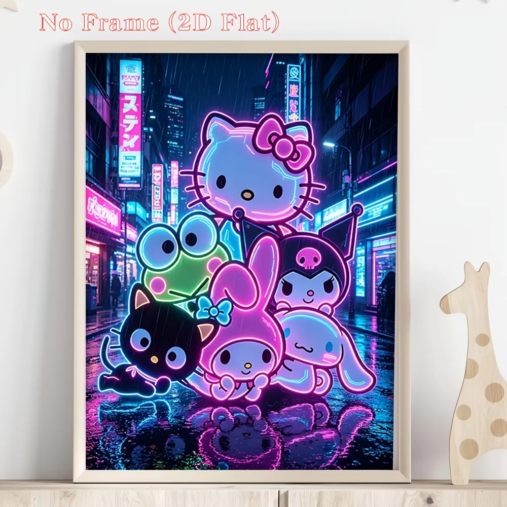 2D Flat, 2D Flat, 1pc of Unframed Modern Canvas Artwork, Featuring High-Quality Prints of Neon Hello Kitty And Friends, Perfe