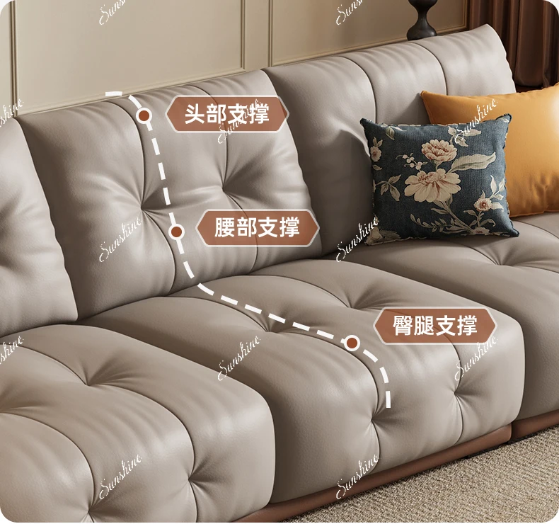Leather sofa, living room Italian retro cream style straight row small apartment three people