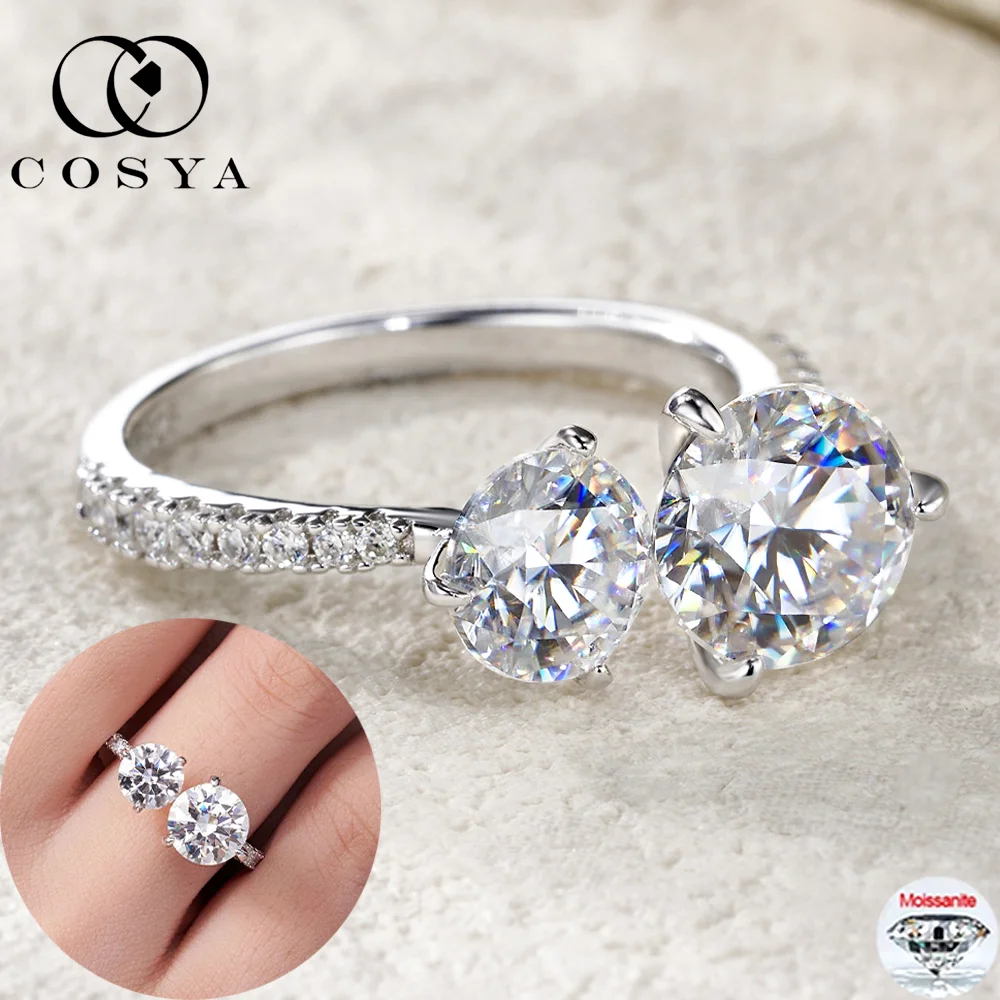 

COSYA Круглое кольцо с 2 камнями из муассанита, 100% серебро S925, цвет D, VVS1, обручальное кольцо с лабораторным бриллиантом для женщин, сверкающие изысканные украшения