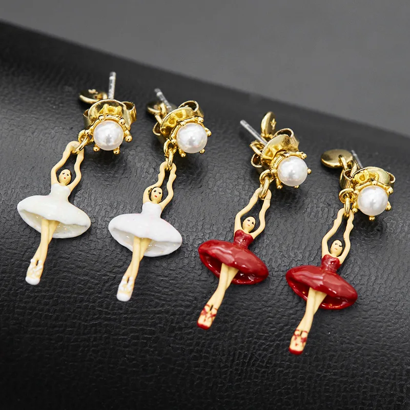 

Fashion Cute Delicate Enamel Glaze Pearl Mini Ballet Dancing Girl Earrings Stud Earrings Ear Clip for Women Fairy Accessories