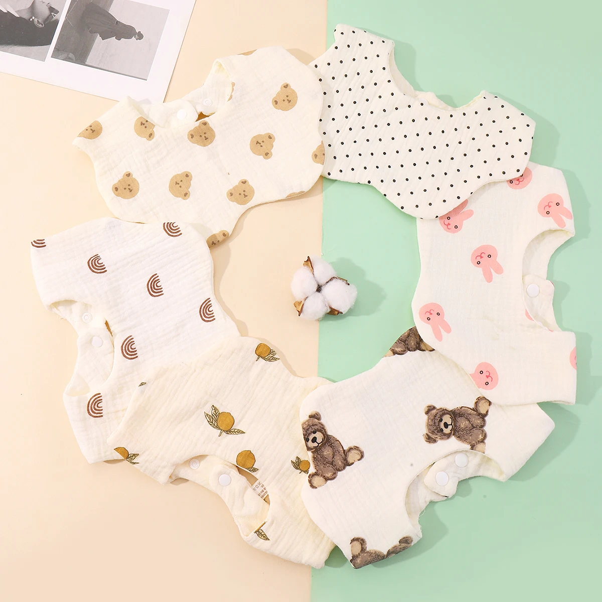 Baby Gauze Bibs Pure Cotton Class A Saliva Towel Milk Spilt Prevent Grass and Wood Dyed 360 Degrees Newborn Bib