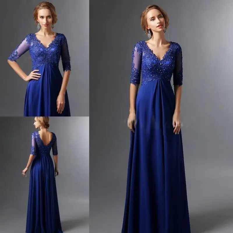 

Plus Size Royal Blue 2018 Mother Of The Bride Dresses A-line V-neck Half Sleeves Chiffon Lace Long Elegant Groom Mother Dresses