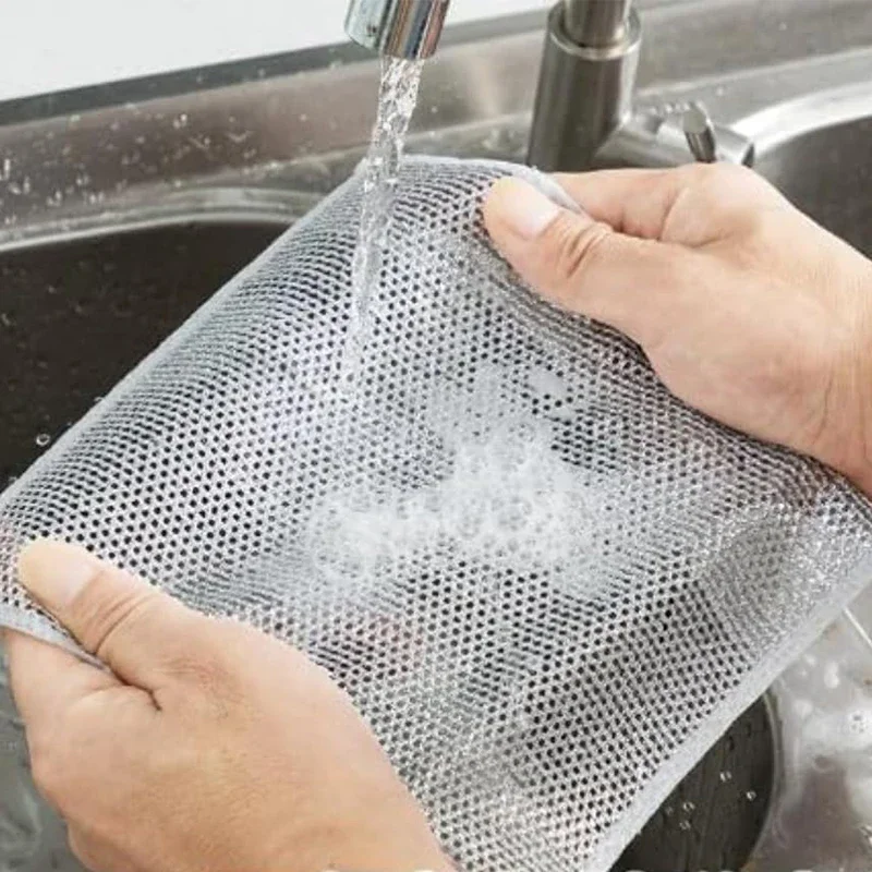 Silver Metal Wire Cleaning Cloths Reusable Non Stick Oil Kitchen Pan Pot Dish Towel Rag Steel Wire Dishcloth Rags Scouring Pads