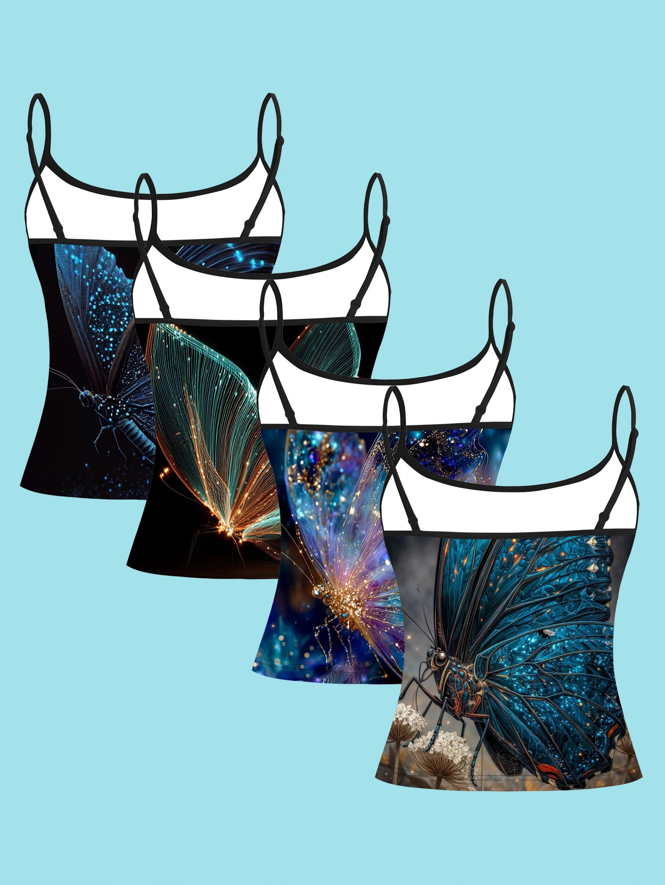 4-Piece Set of Colorful Starry Sky Butterfly Camisole Set with Beautiful Artistic Large Butterfly Pattern for Women's Inner Wear