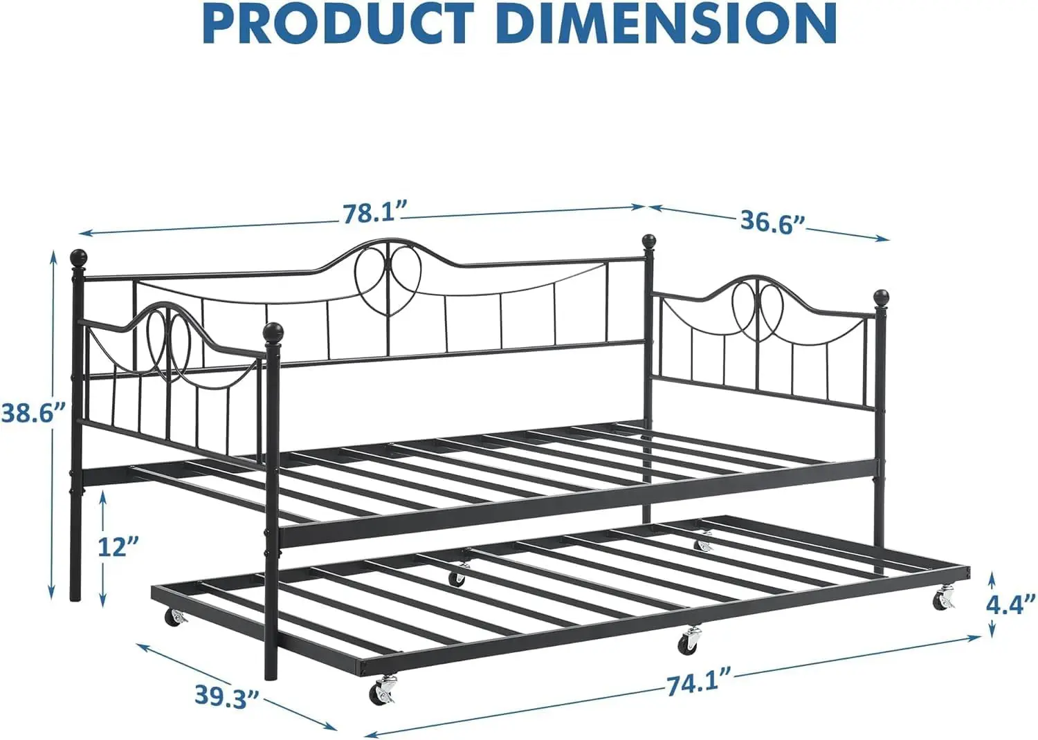 Twin Metal Daybed Frame with Pull Out Trundle Set Black Color, Steel Slat Support Easy Assembly Living Room Furniture Modern