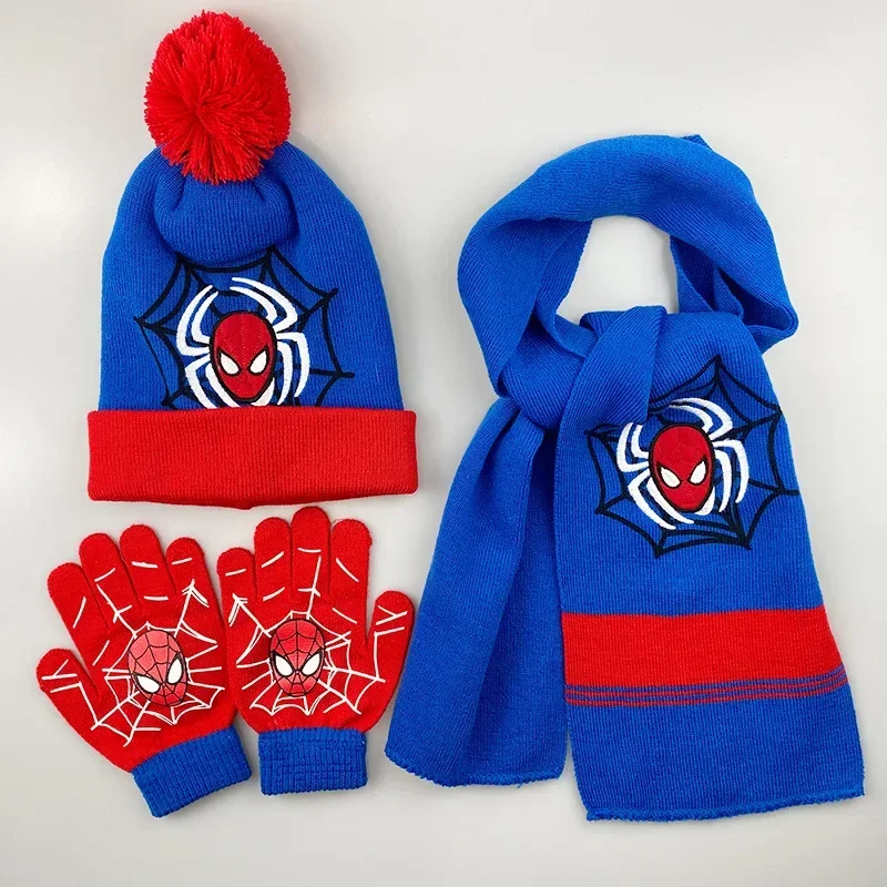 Disney Spiderman Kids Hat Scarf Gloves Three-piece Set Boys Lovely Knitted Woollen Hats Baby Wool Hat Scarf Kawaii Thick Hats