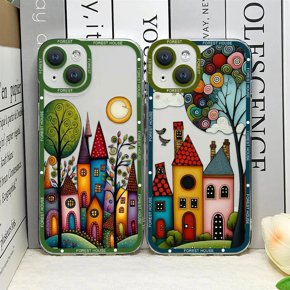 Hand Painted Forest House Phone Case for Iphone 16 15 14 Pro Max 11 13 12 Mini X XR XS 7 8 Plus Shockproof Clear Soft Cover Skin